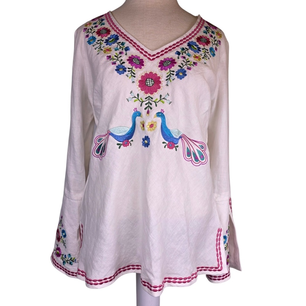 Willi Smith Woman's XL Linen Embroidered Peasant Tunic Blouse White Floral